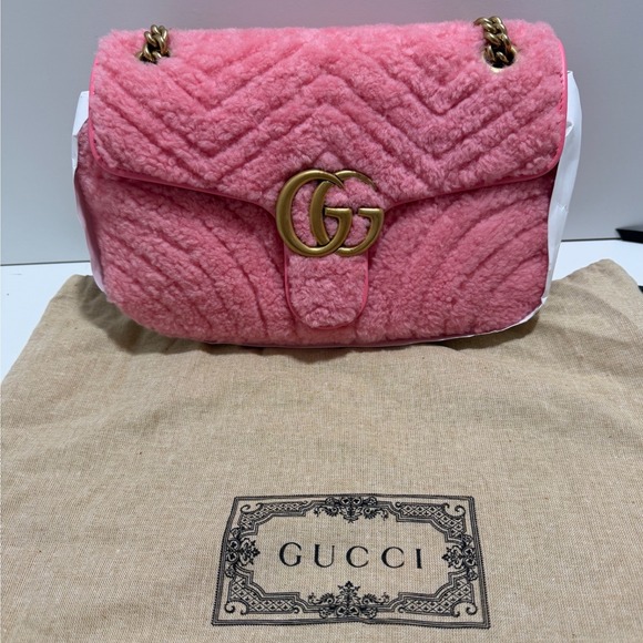 Gucci Handbags - Gucci Marmont Pink Merino Shearling Chevron Shoulder Bag 443497 AACPF 5835